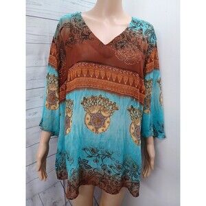 Cato Chiffon Blouse Turquoise Brown Gold Sz 22/24W